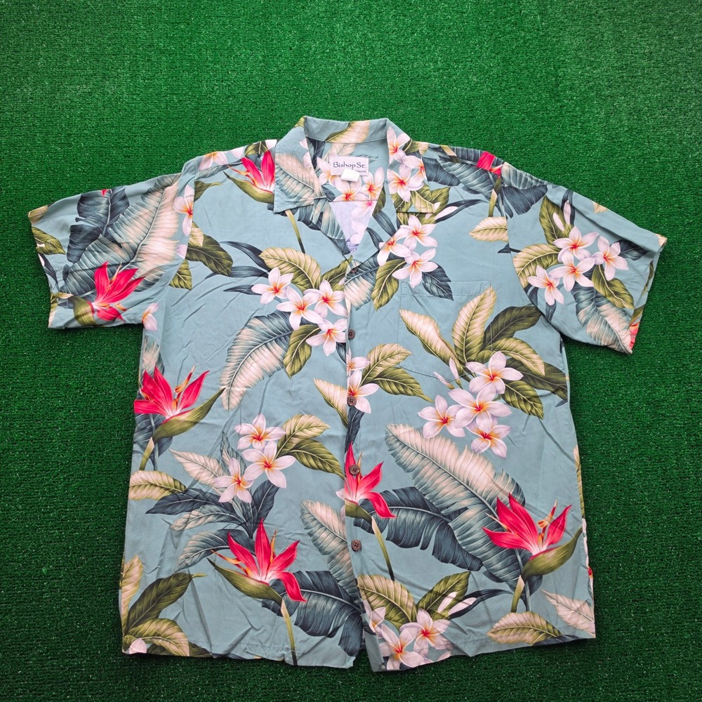 Bishop St Apparel Hawaiian Shirt Mens Large Blue Tropical Floral 100% Rayon Camp